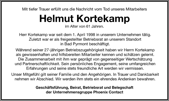 Anzeige  Helmut Kortekamp  Lippische Landes-Zeitung
