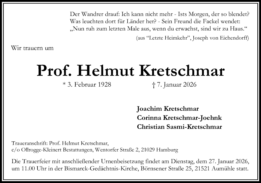  Traueranzeige für Helmut Kretschmar vom 17.01.2026 aus Lippische Landes-Zeitung