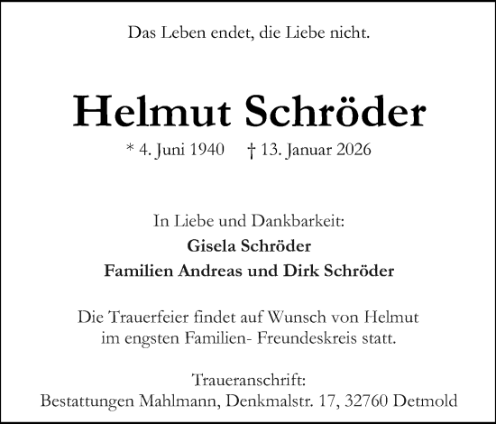 Anzeige  Helmut Schröder  Lippische Landes-Zeitung