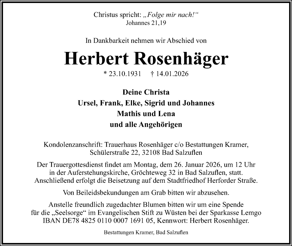  Traueranzeige für Herbert Rosenhäger vom 17.01.2026 aus Lippische Landes-Zeitung