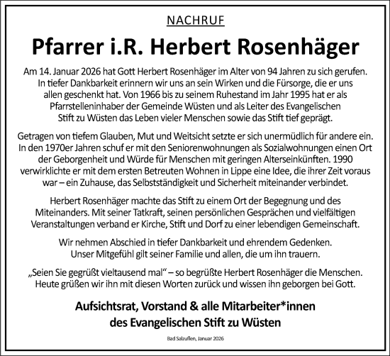 Anzeige  Herbert Rosenhäger  Lippische Landes-Zeitung