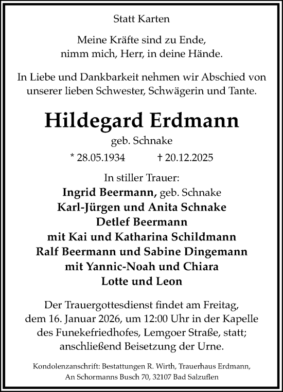 Anzeige  Hildegard Erdmann  Lippische Landes-Zeitung