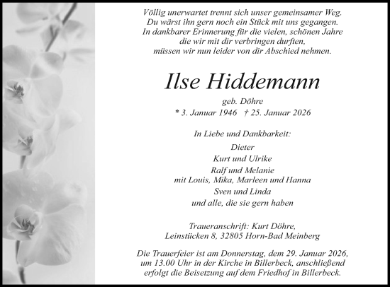 Anzeige  Ilse Hiddemann  Lippische Landes-Zeitung