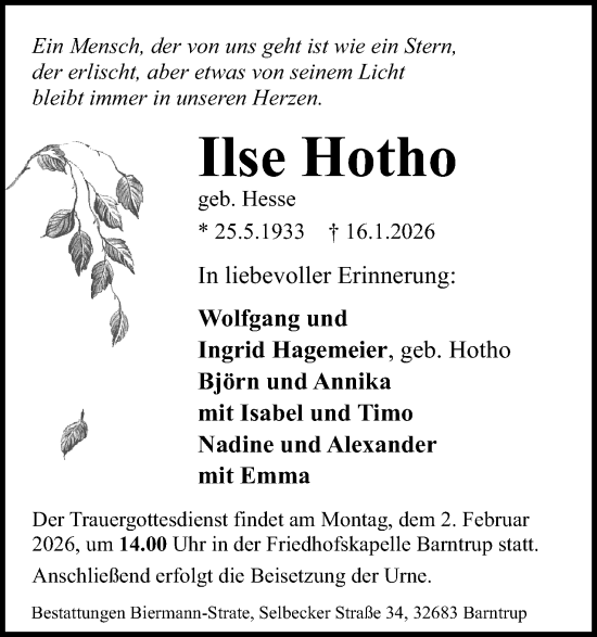 Anzeige  Ilse Hotho  Lippische Landes-Zeitung