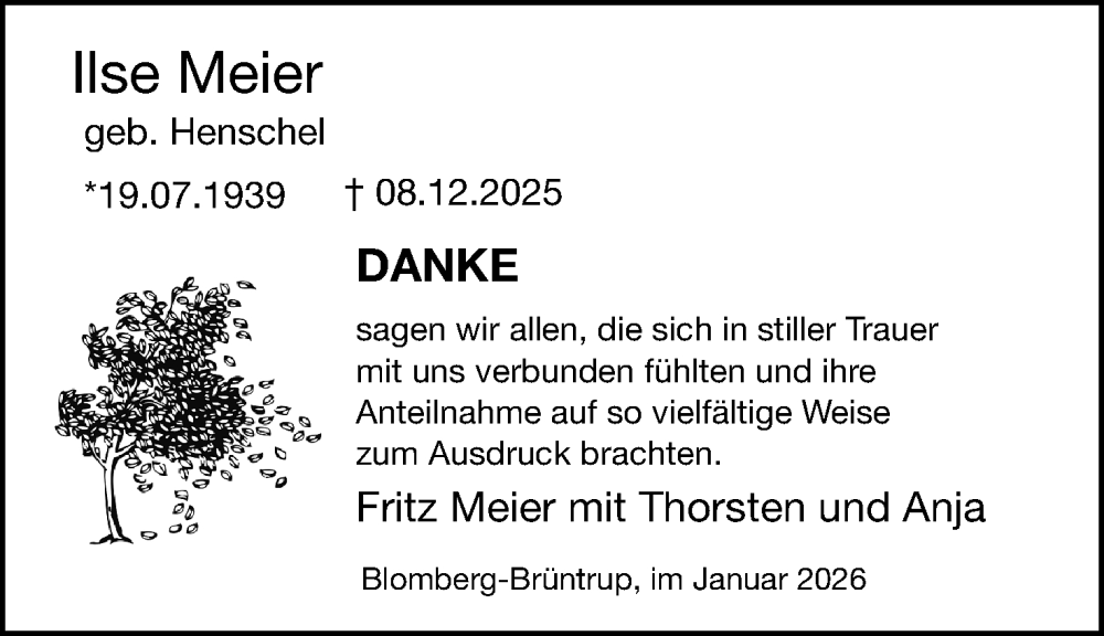  Traueranzeige für Ilse Meier vom 17.01.2026 aus Lippische Landes-Zeitung