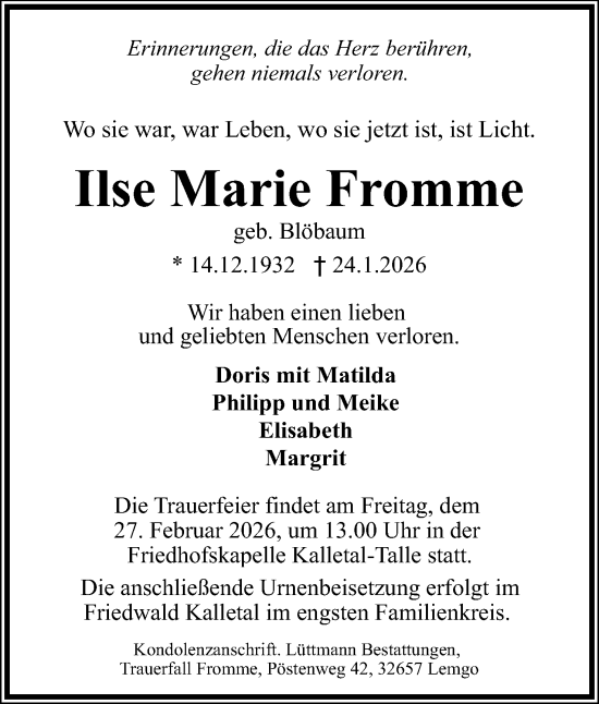 Anzeige  Ilse Marie Fromme  Lippische Landes-Zeitung
