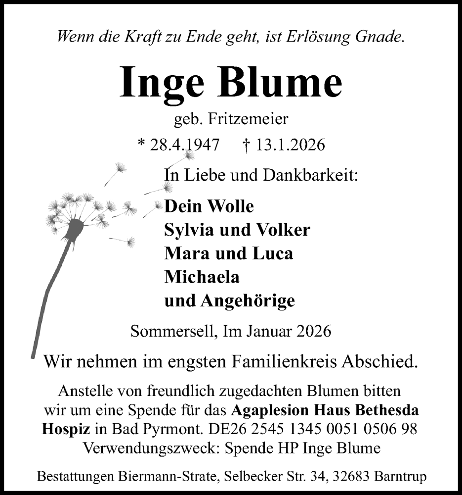  Traueranzeige für Inge Blume vom 17.01.2026 aus Lippische Landes-Zeitung