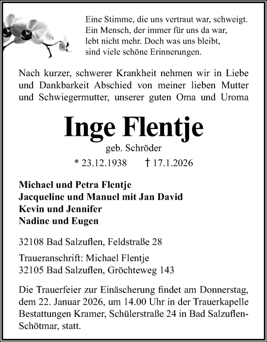 Anzeige  Inge Flentje  Lippische Landes-Zeitung