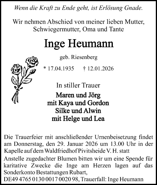 Anzeige  Inge Heumann  Lippische Landes-Zeitung