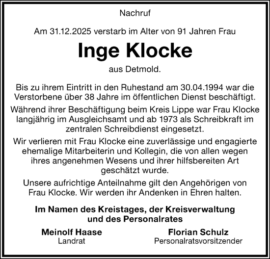Anzeige  Inge Klocke  Lippische Landes-Zeitung