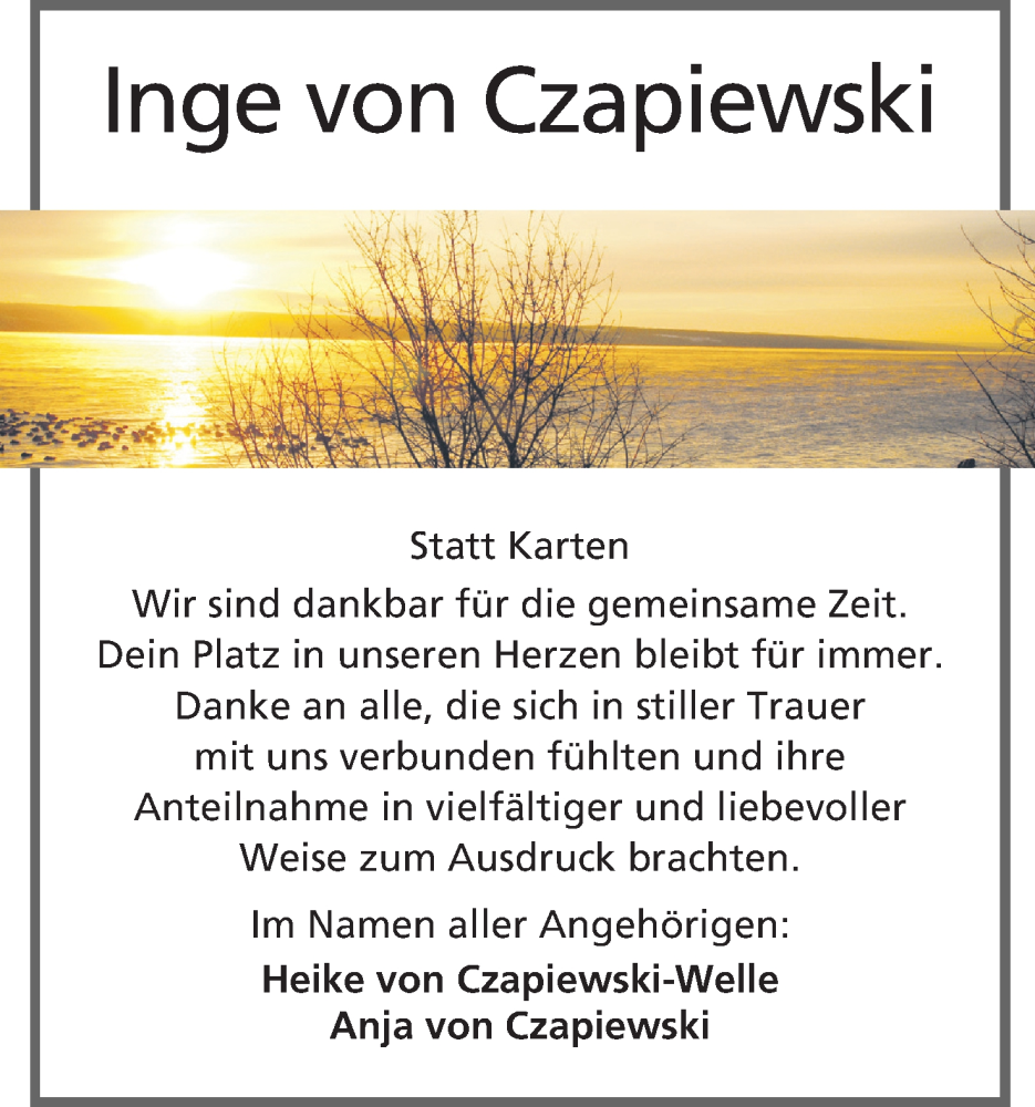  Traueranzeige für Inge von Czapiewski vom 10.01.2026 aus Lippische Landes-Zeitung