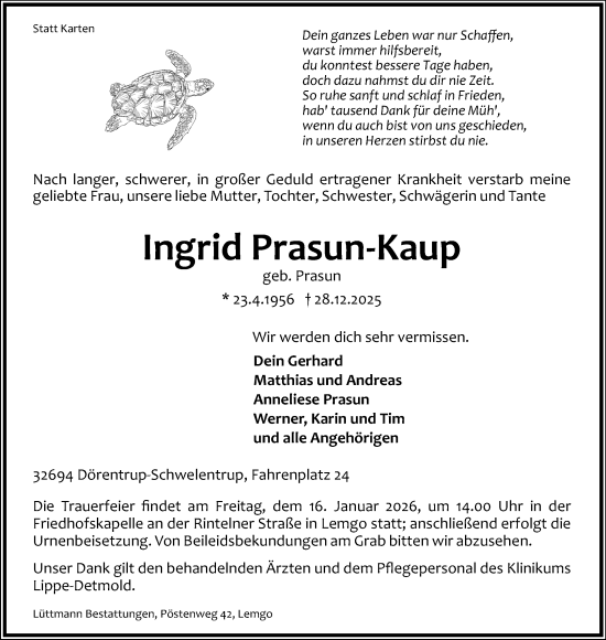 Anzeige  Ingrid Prasun-Kaup  Lippische Landes-Zeitung