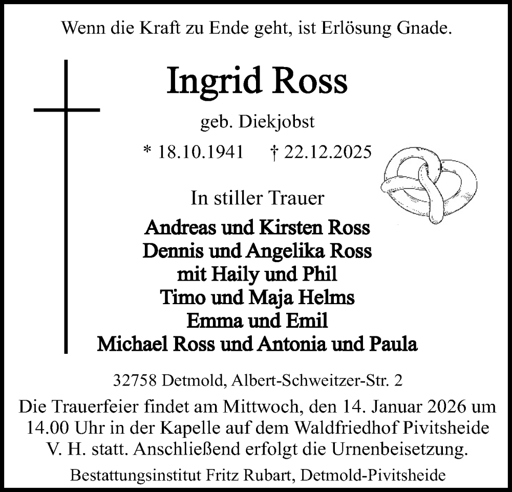  Traueranzeige für Ingrid Ross vom 03.01.2026 aus Lippische Landes-Zeitung