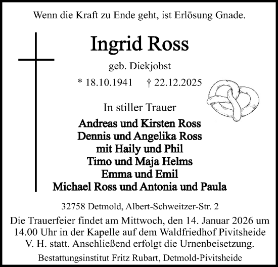 Anzeige  Ingrid Ross  Lippische Landes-Zeitung