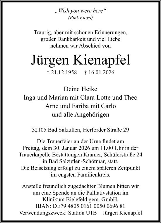 Anzeige  Jürgen Kienapfel  Lippische Landes-Zeitung