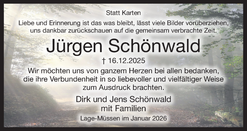  Traueranzeige für Jürgen Schönwald vom 24.01.2026 aus Lippische Landes-Zeitung