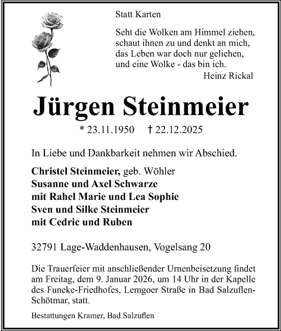 Anzeige  Jürgen Steinmeier  Lippische Landes-Zeitung