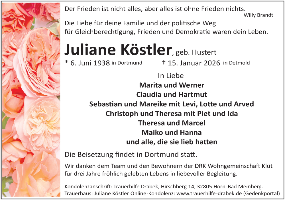  Traueranzeige für Juliane Köstler vom 24.01.2026 aus Lippische Landes-Zeitung