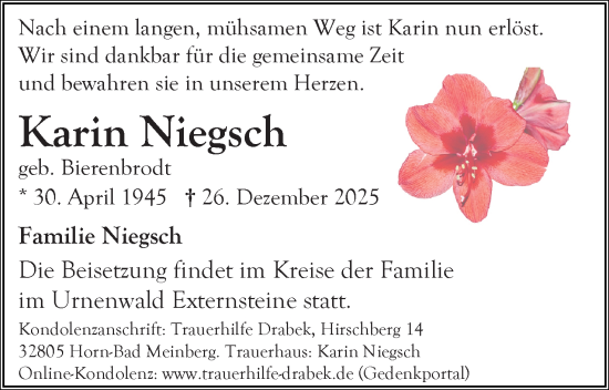 Anzeige  Karin Niegsch  Lippische Landes-Zeitung