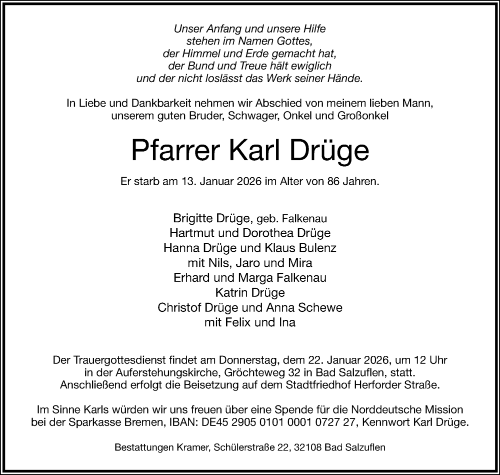  Traueranzeige für Karl Drüge vom 17.01.2026 aus Lippische Landes-Zeitung