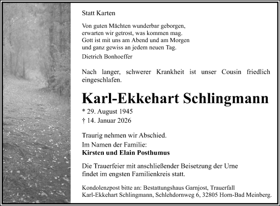 Anzeige  Karl-Ekkehart Schlingmann  Lippische Landes-Zeitung