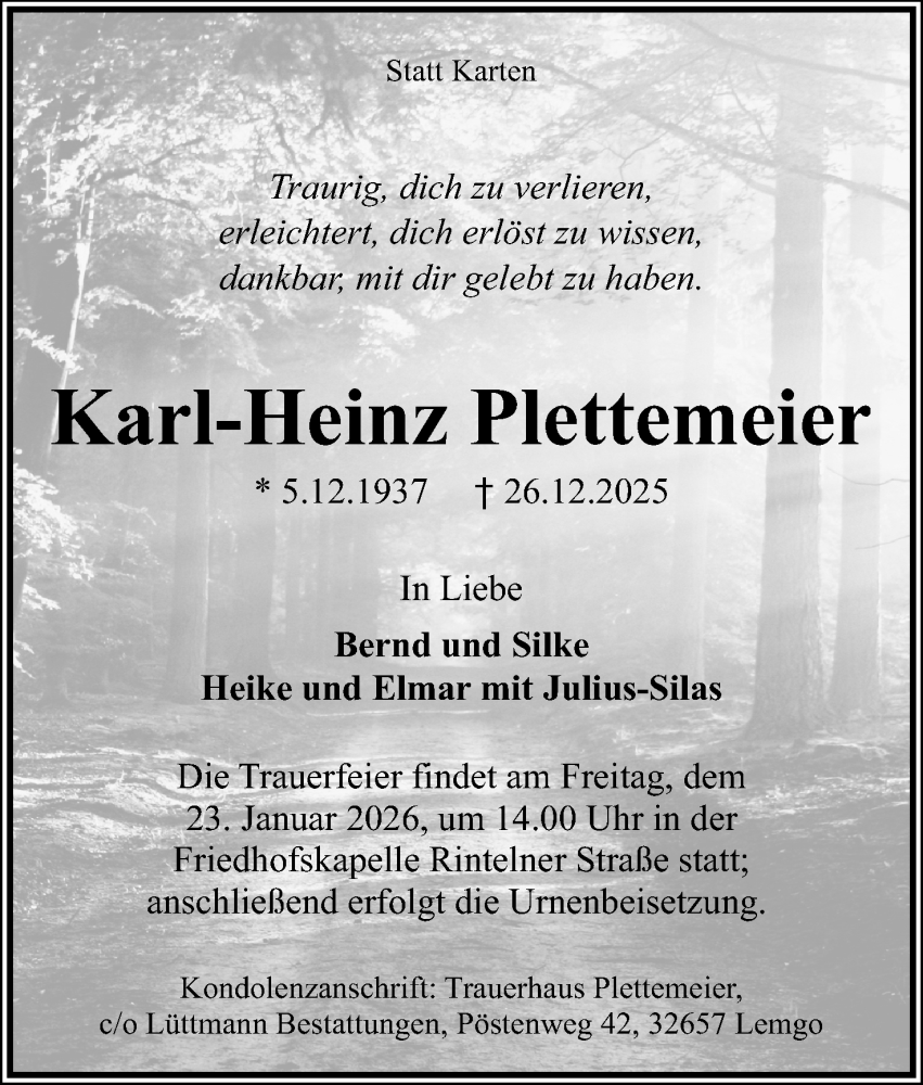  Traueranzeige für Karl-Heinz Plettemeier vom 10.01.2026 aus Lippische Landes-Zeitung
