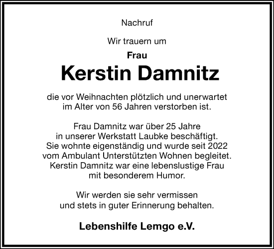Anzeige  Kerstin Damnitz  Lippische Landes-Zeitung