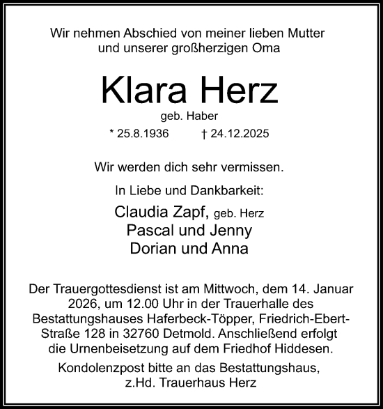 Anzeige  Klara Herz  Lippische Landes-Zeitung