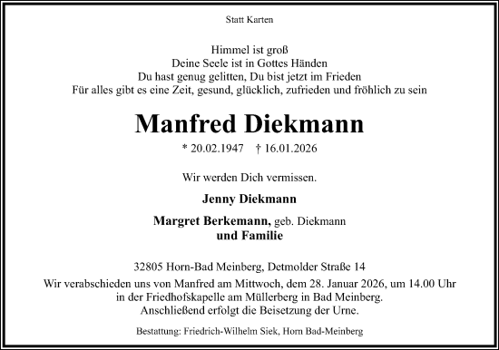 Anzeige  Manfred Diekmann  Lippische Landes-Zeitung