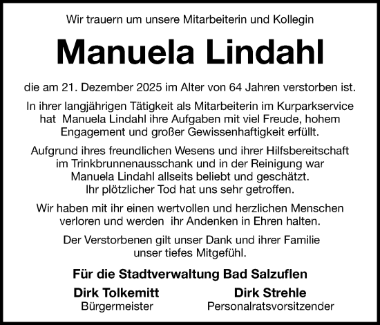 Anzeige  Manuela Lindahl  Lippische Landes-Zeitung