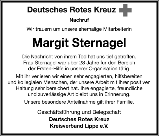 Anzeige  Margit Sternagel  Lippische Landes-Zeitung