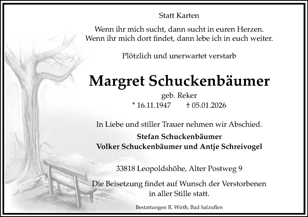  Traueranzeige für Margret Schuckenbäumer vom 10.01.2026 aus Lippische Landes-Zeitung