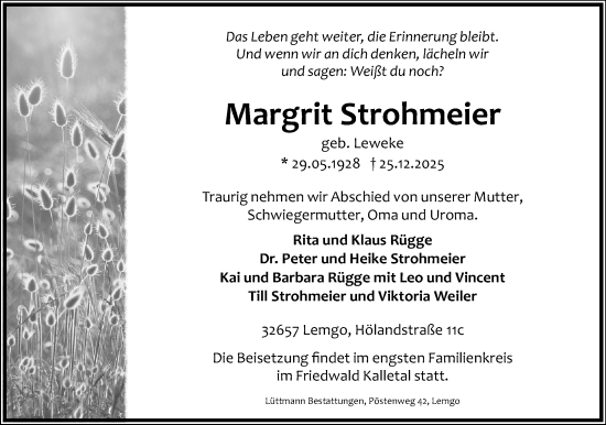 Anzeige  Margrit Strohmeier  Lippische Landes-Zeitung