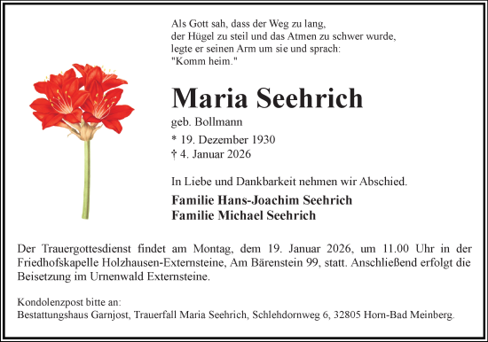 Anzeige  Maria Seehrich  Lippische Landes-Zeitung