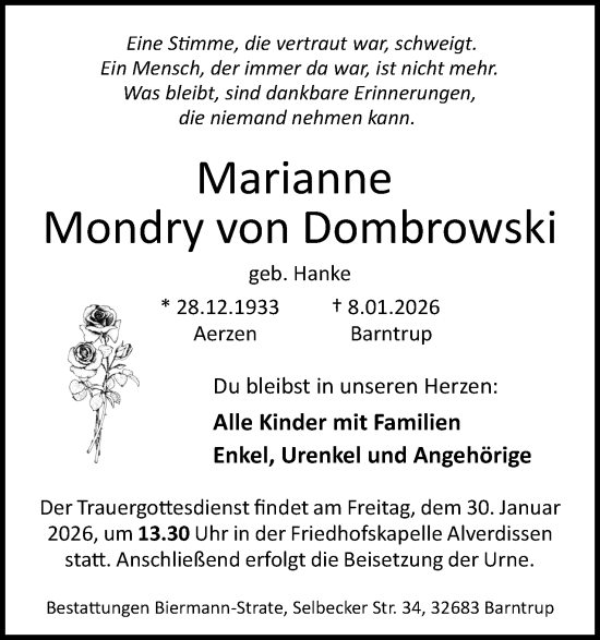 Anzeige  Marianne Mondry von Dombrowski  Lippische Landes-Zeitung