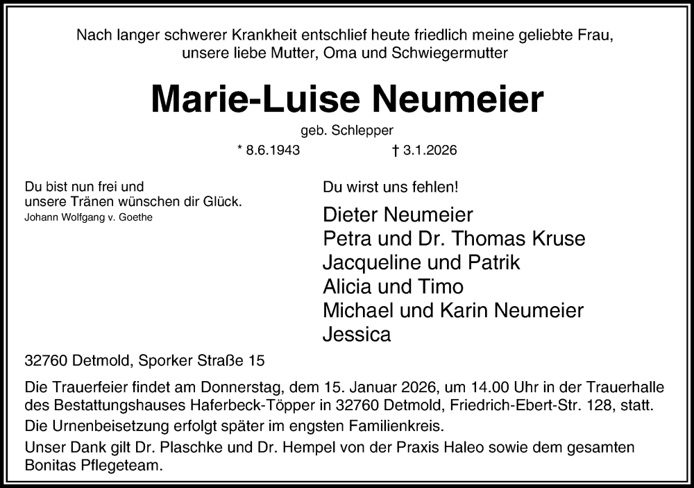 Traueranzeige für Marie-Luise Neumeier vom 10.01.2026 aus Lippische Landes-Zeitung