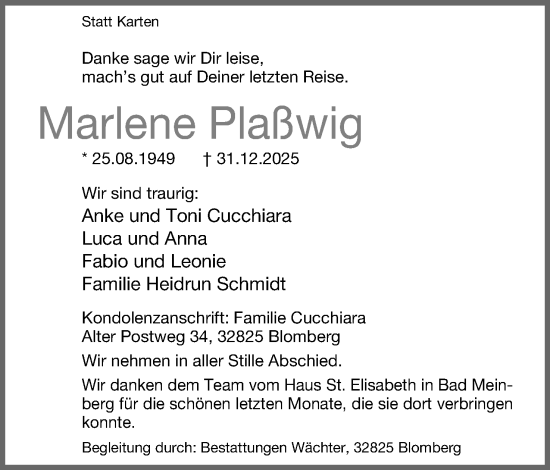 Anzeige  Marlene Plaßwig  Lippische Landes-Zeitung