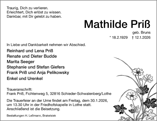 Anzeige  Mathilde Priß  Lippische Landes-Zeitung