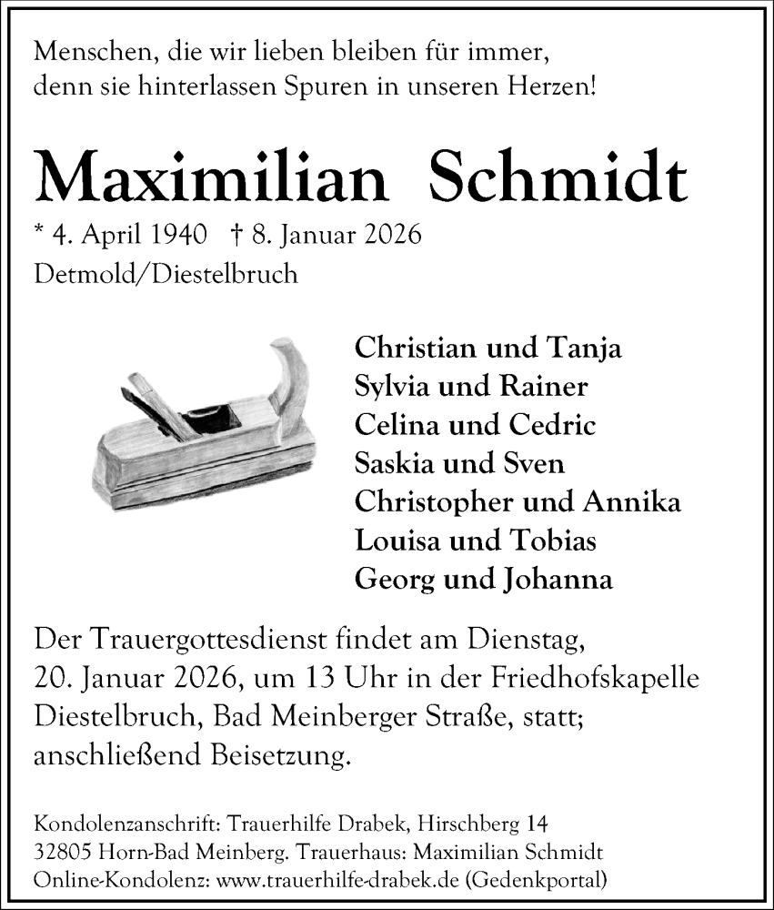  Traueranzeige für Maximilian Schmidt vom 17.01.2026 aus Lippische Landes-Zeitung
