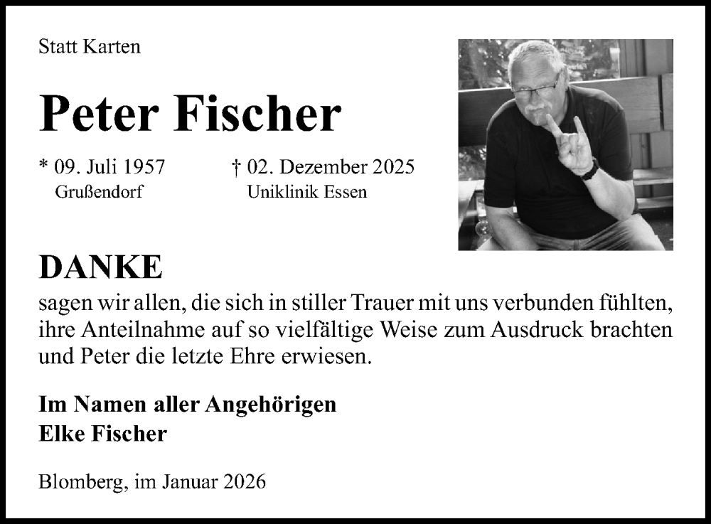  Traueranzeige für Peter Fischer vom 10.01.2026 aus Lippische Landes-Zeitung