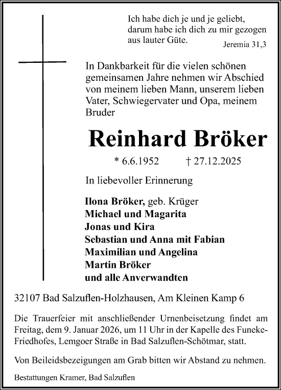 Anzeige  Reinhard Bröker  Lippische Landes-Zeitung