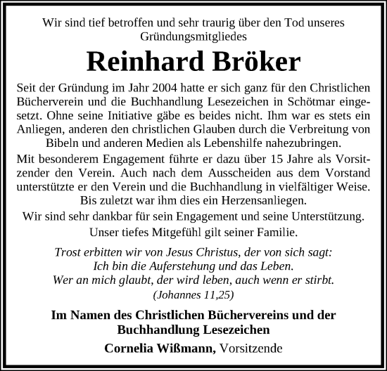 Anzeige  Reinhard Bröker  Lippische Landes-Zeitung