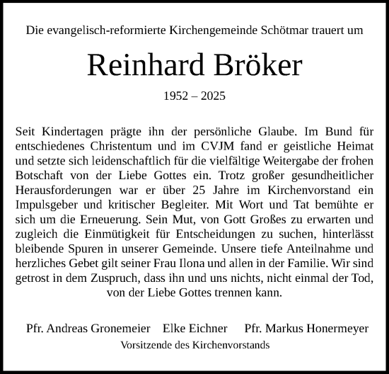 Anzeige  Reinhard Bröker  Lippische Landes-Zeitung
