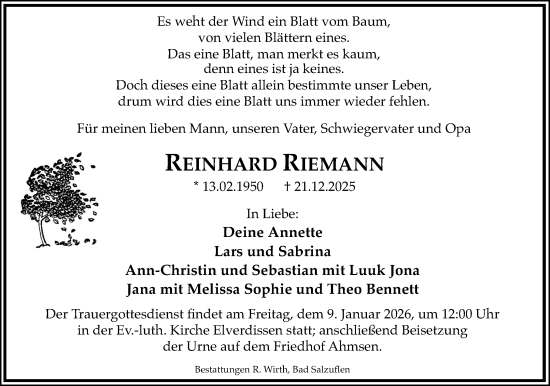 Anzeige  Reinhard Riemann  Lippische Landes-Zeitung