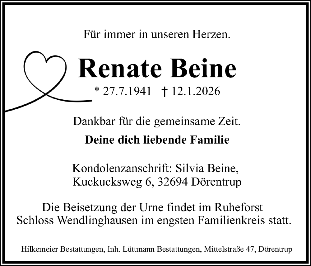  Traueranzeige für Renate Beine vom 17.01.2026 aus Lippische Landes-Zeitung