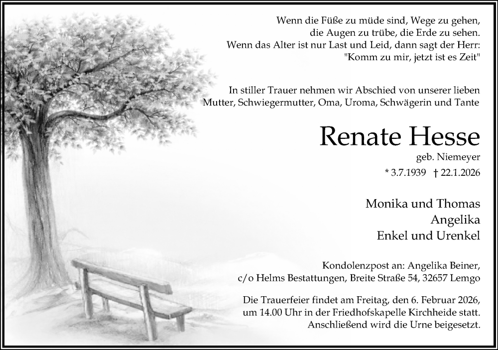  Traueranzeige für Renate Hesse vom 31.01.2026 aus Lippische Landes-Zeitung