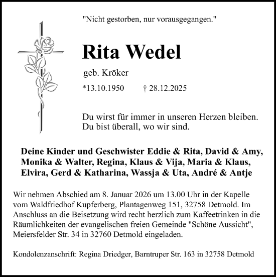 Anzeige  Rita Wedel  Lippische Landes-Zeitung