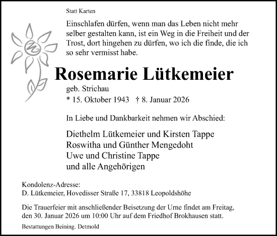Anzeige  Rosemarie Lütkemeier  Lippische Landes-Zeitung