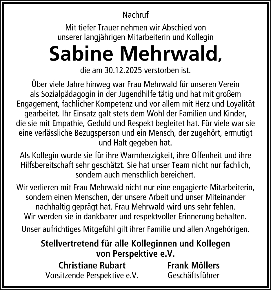  Traueranzeige für Sabine Mehrwald vom 10.01.2026 aus Lippische Landes-Zeitung