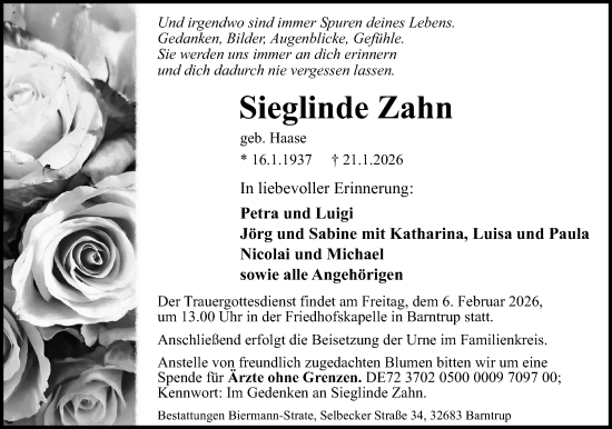 Anzeige  Sieglinde Zahn  Lippische Landes-Zeitung